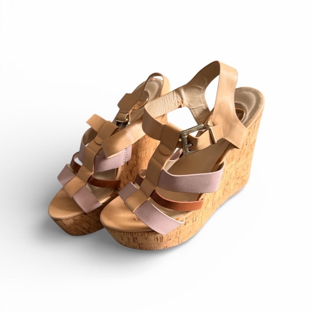 Wedge Sandals in Tan and Blush - Women's Strappy Cork Wedges